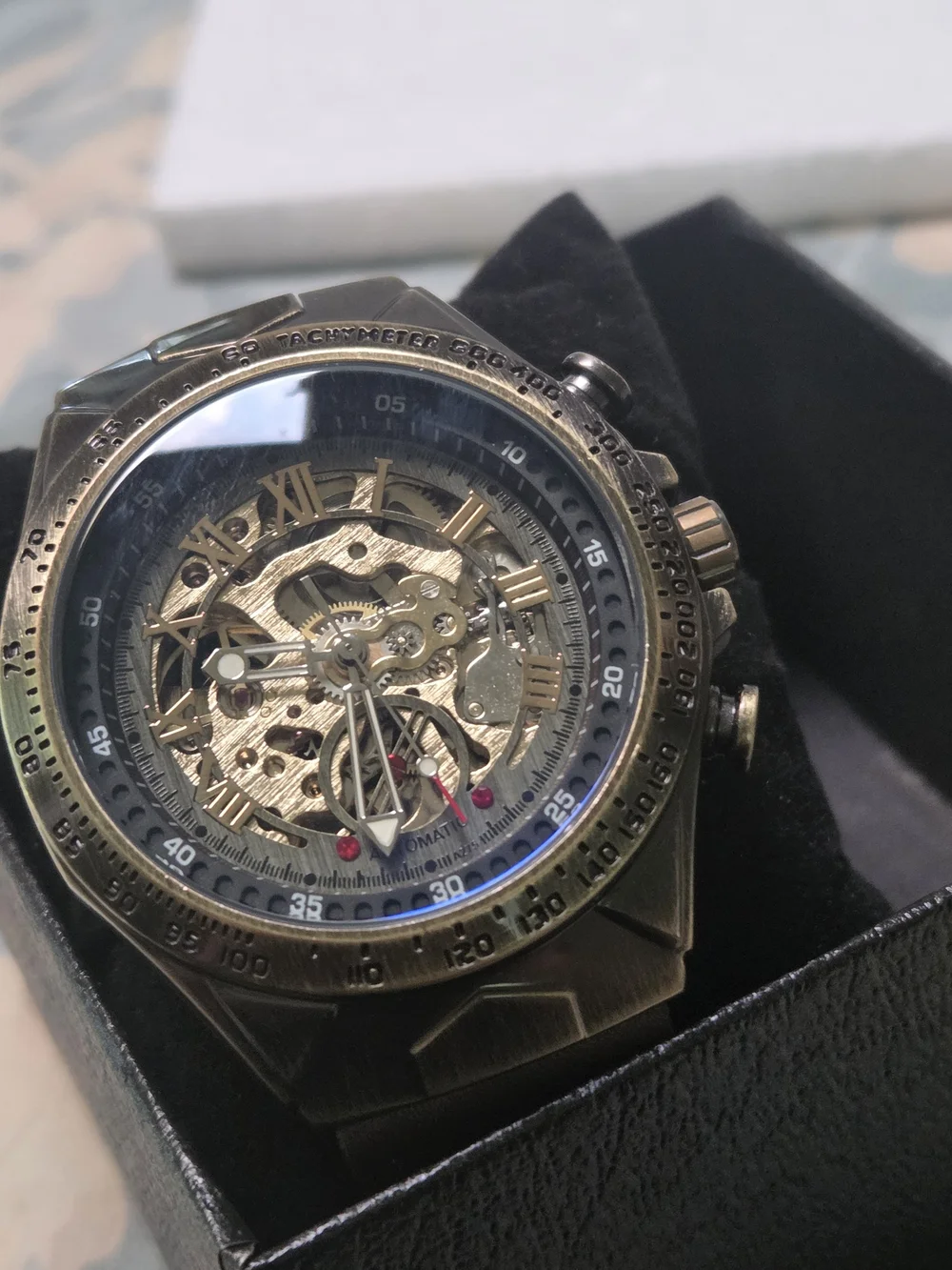 Skeleton Automatic Mechanical Watch in Antiqued Gold Tone